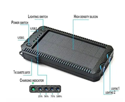 Solar Power Bank with Cigarette Lighter and Waterproof Design