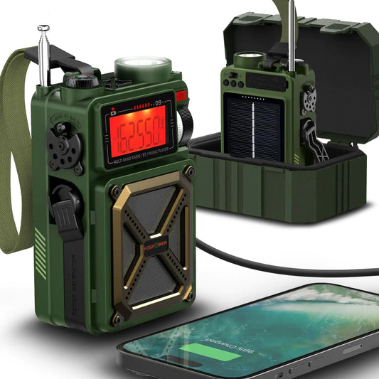 FosPower Emergency Weather Radio (Model D9) NOAA/AM/FM with 14800mWh Portable Power Bank USB/Solar/Hand Crank Charging Flash Light SOS Alarm IPX3 Rating & Bluetooth for Indoor/Outdoor Emergency
